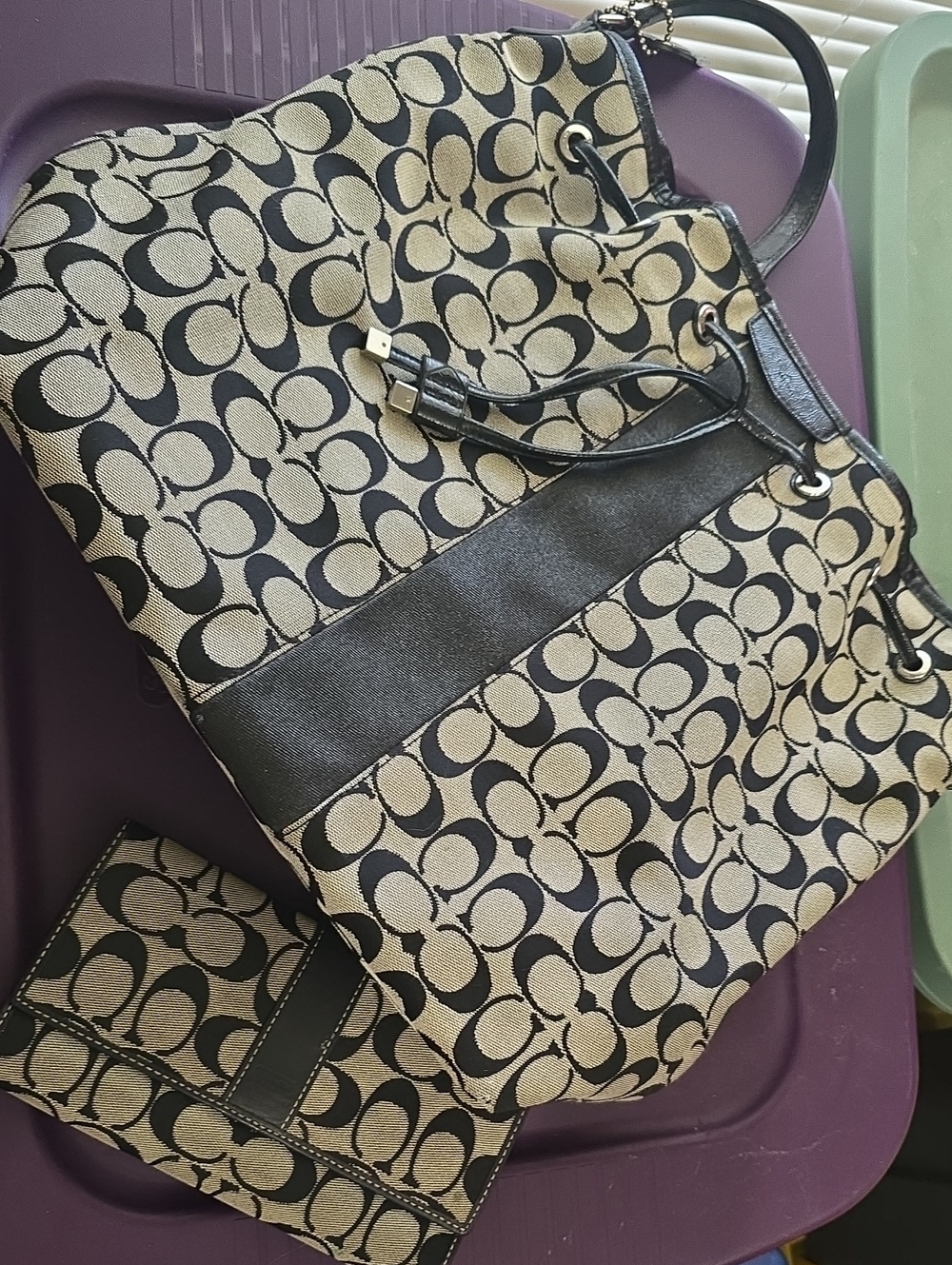 Coach Bucket Bag F30581 With Signature Black C. Matching Wallet Set. GUC